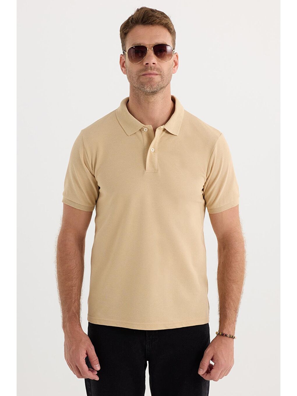 Erkek Slim Fit Dar Kesim Pamuklu Yumuşak Dokulu Serin Tutan Kumaş Düz Pike Kum Beji Polo Yaka Tişört-1