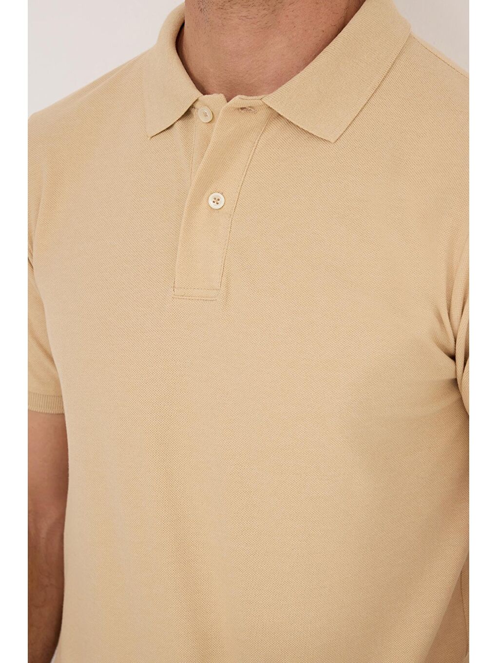 Erkek Slim Fit Dar Kesim Pamuklu Yumuşak Dokulu Serin Tutan Kumaş Düz Pike Kum Beji Polo Yaka Tişört-2