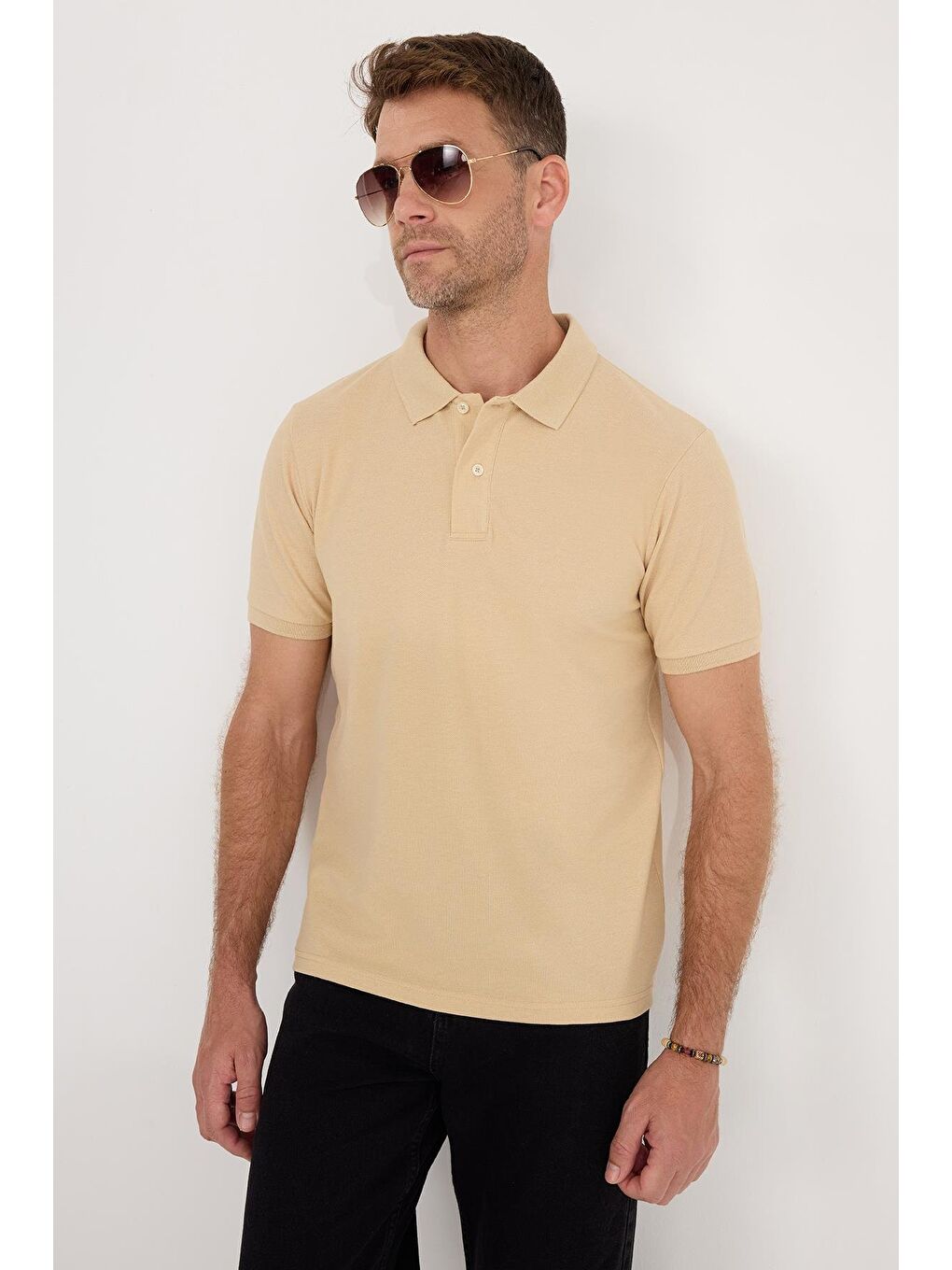 Erkek Slim Fit Dar Kesim Pamuklu Yumuşak Dokulu Serin Tutan Kumaş Düz Pike Kum Beji Polo Yaka Tişört-3