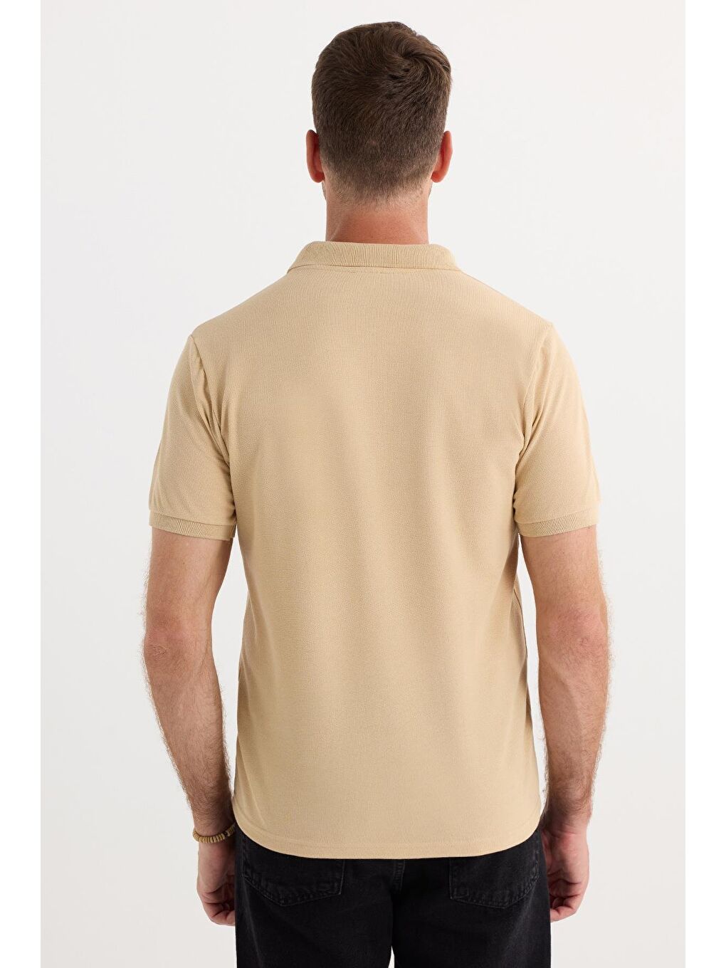 Erkek Slim Fit Dar Kesim Pamuklu Yumuşak Dokulu Serin Tutan Kumaş Düz Pike Kum Beji Polo Yaka Tişört-6