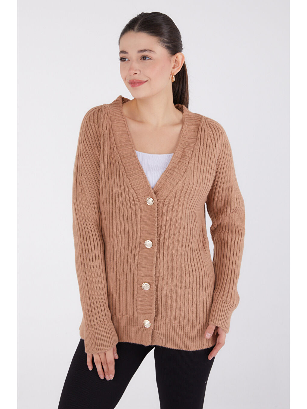 Bej Kruvaze Yaka Kadın Vizon Hırka - 26495-1