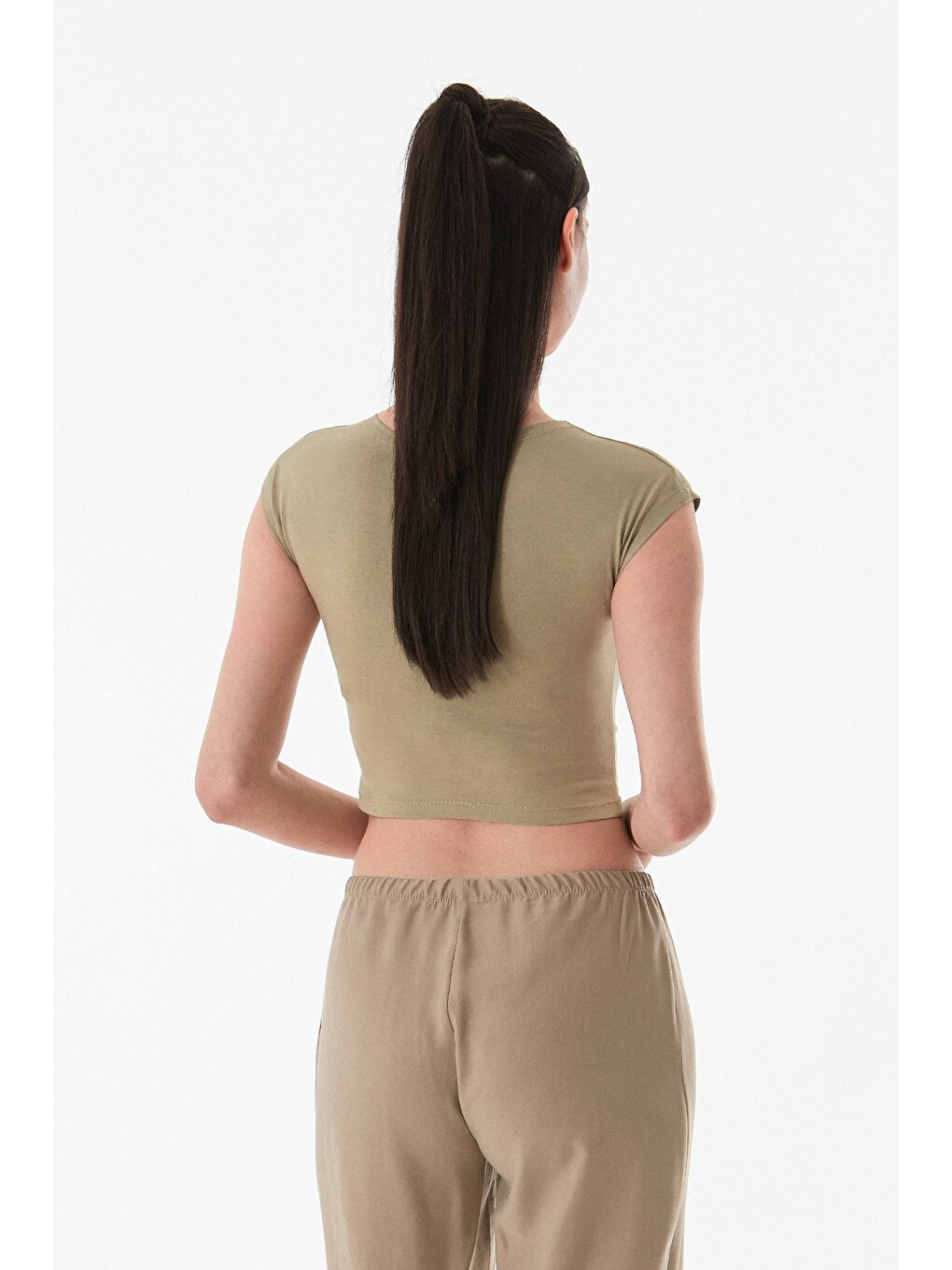 Haki Basic Bisiklet Yaka Crop Tişört-3