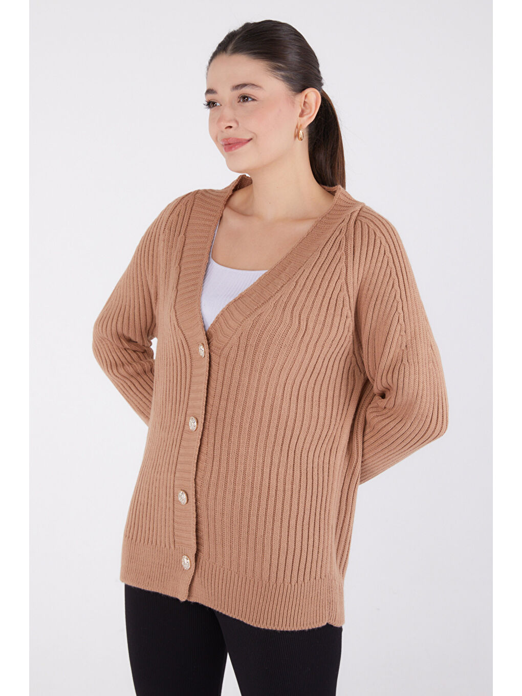 Bej Kruvaze Yaka Kadın Vizon Hırka - 26495-2