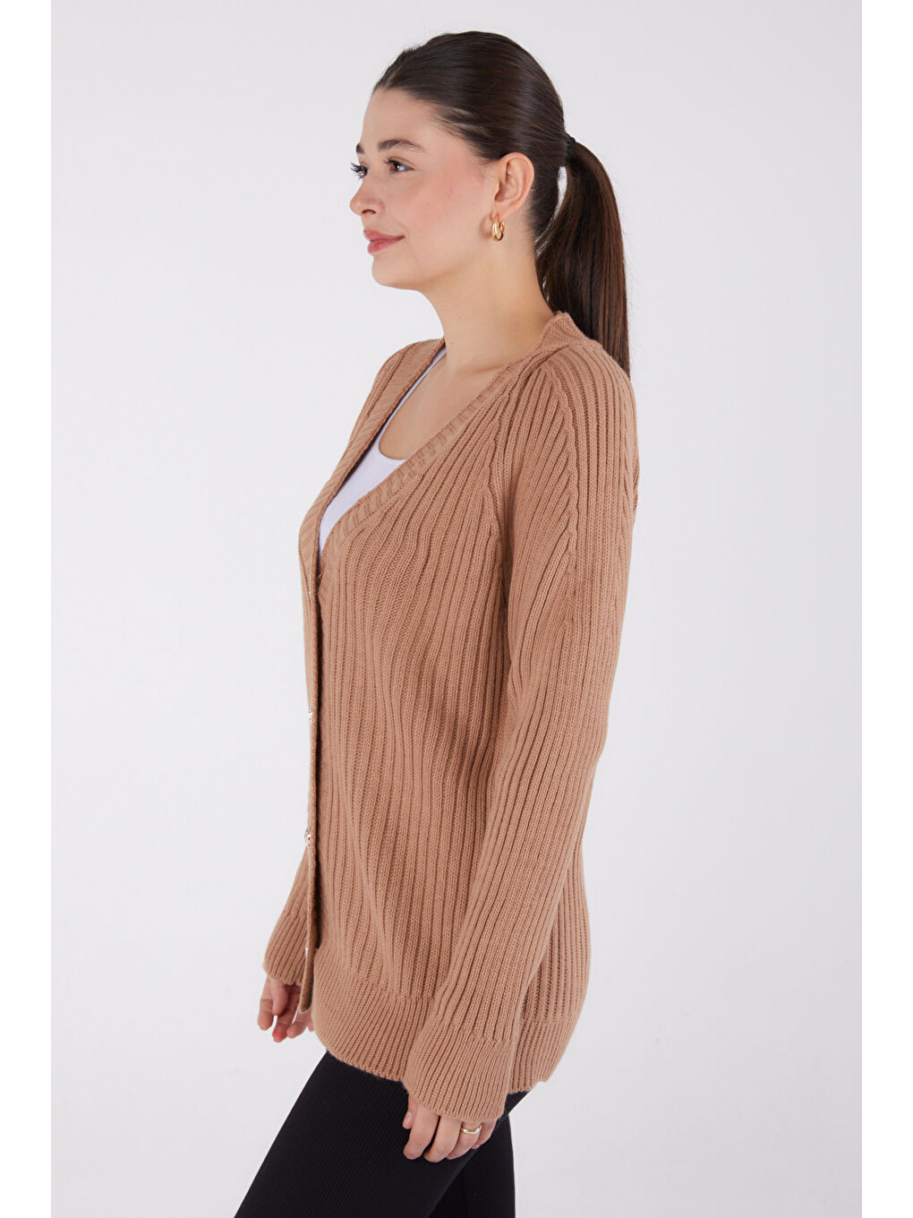 Bej Kruvaze Yaka Kadın Vizon Hırka - 26495-3