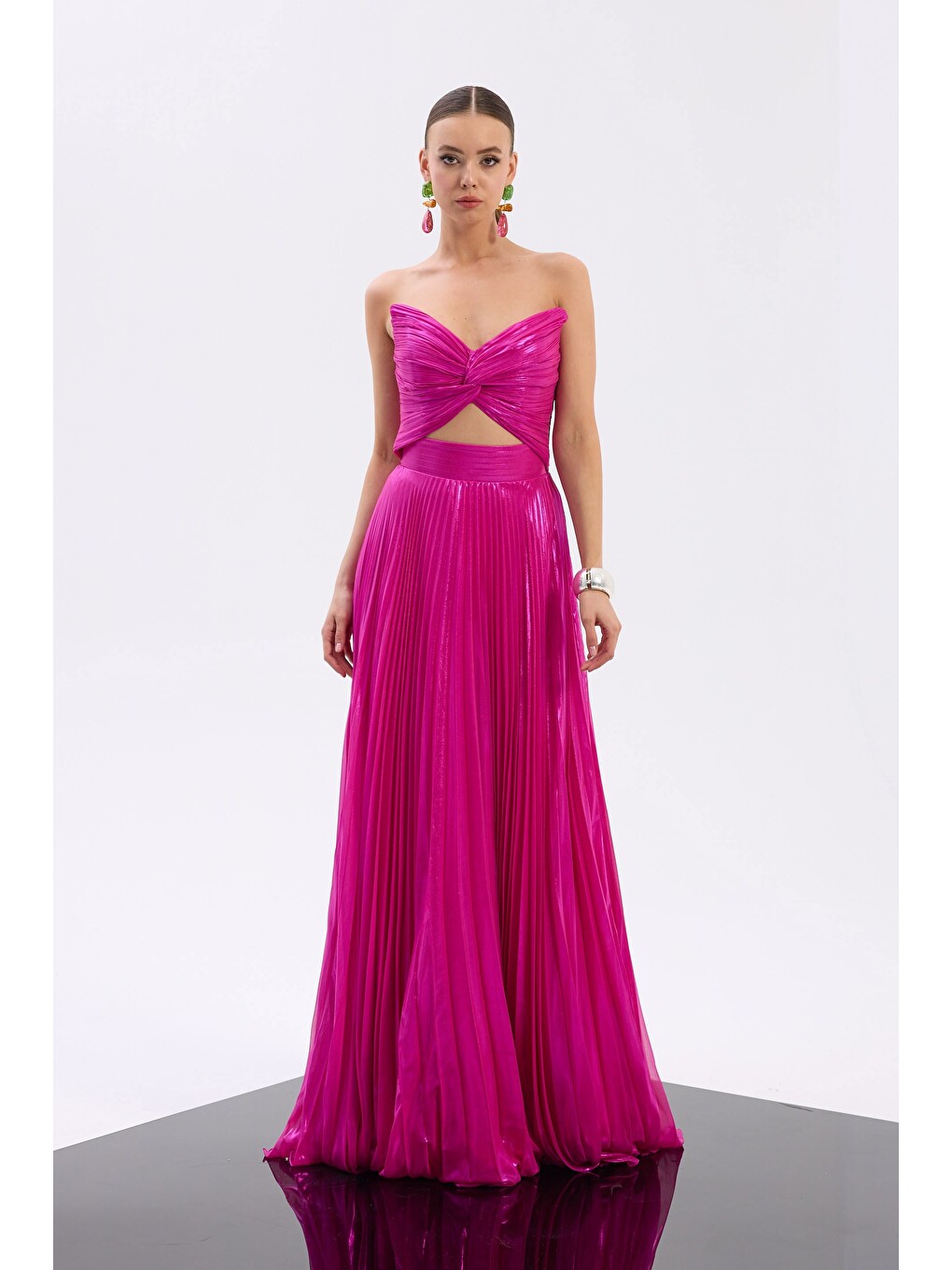 Fuşya Pliseli Laklı Şifon Abiye Elbise