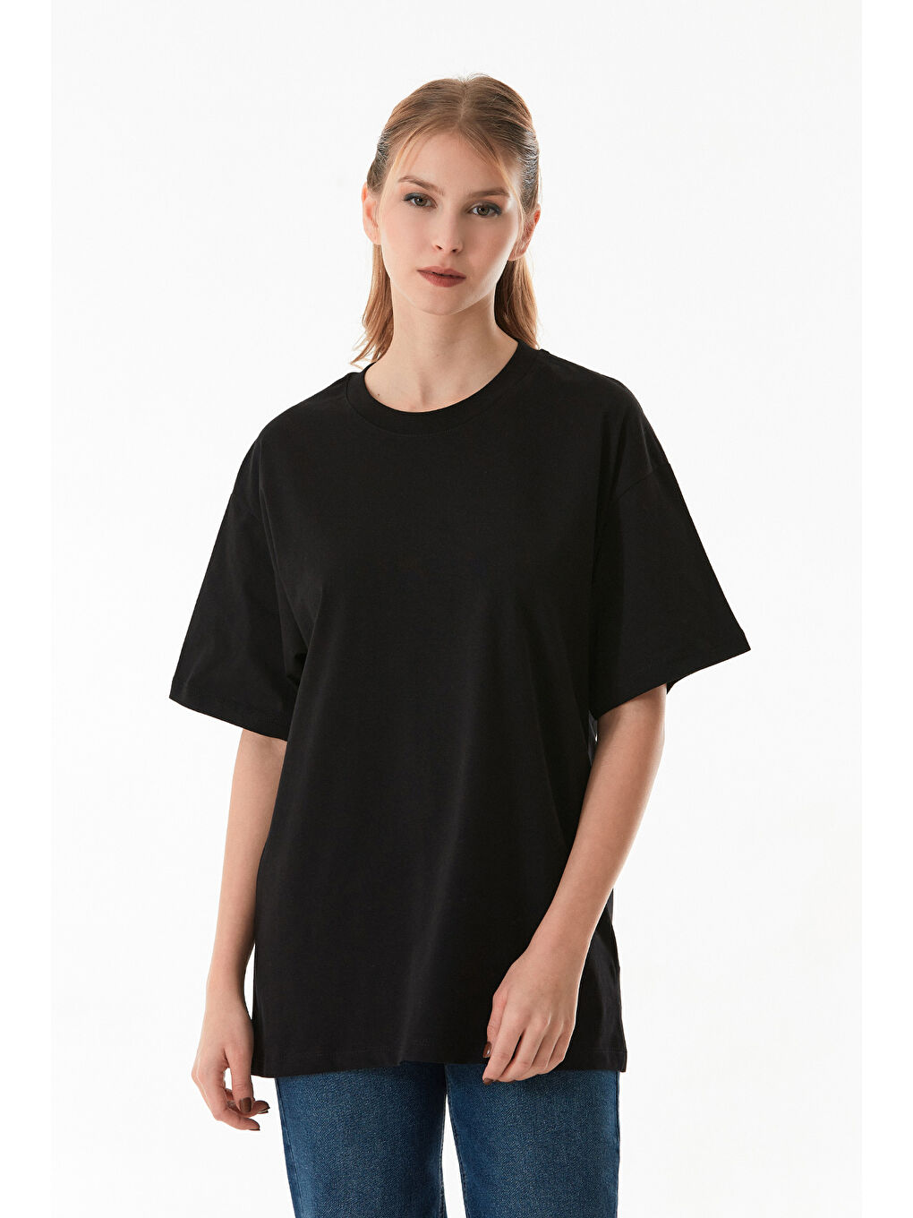 Siyah Basic Oversize Bisiklet Yaka Tişört