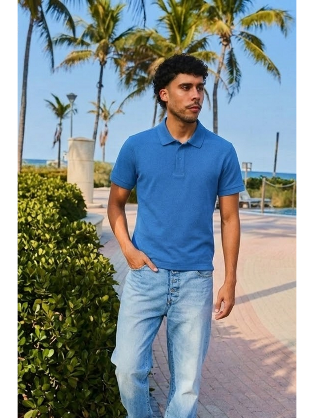 Erkek Kısa Kollu A.Mavi Bol Polo Yaka Tişört-4