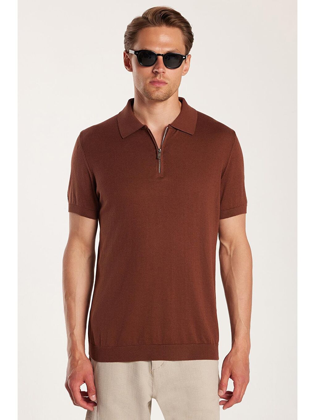 Erkek Slim Fit Dar Kesim Pamuklu Örme Triko Fermuarlı Kahverengi Polo Yaka Tişört-3