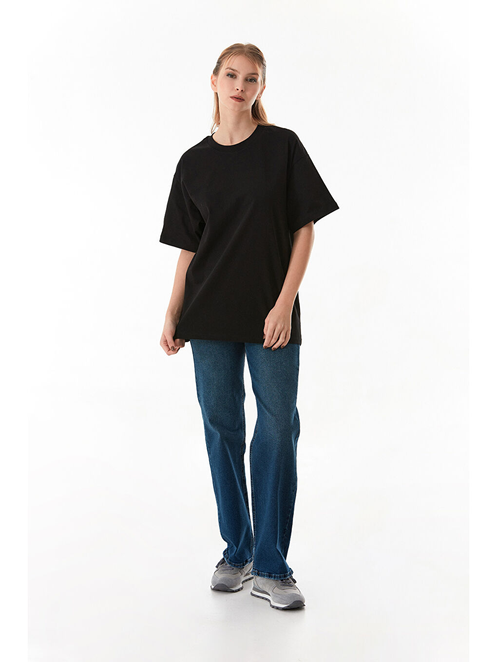 Siyah Basic Oversize Bisiklet Yaka Tişört-1