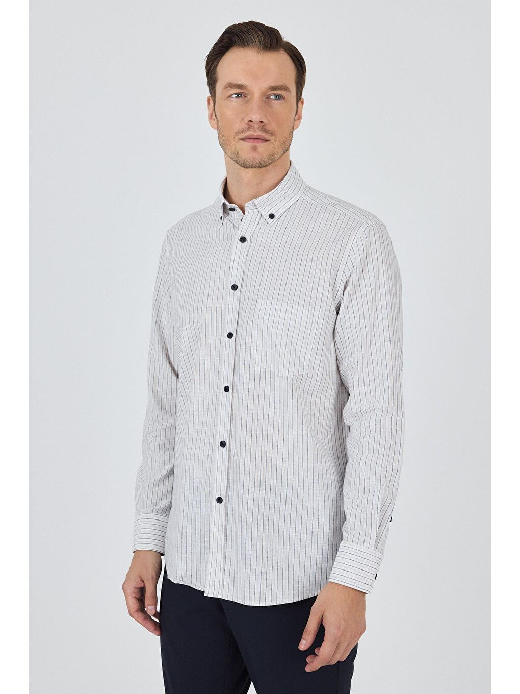 Bej Uzun Kol Çizgili Desen Bez Ayağı Düğmeli Yaka Cepli Pamuklu Casual Comfort Fit Gömlek 1004250100-1