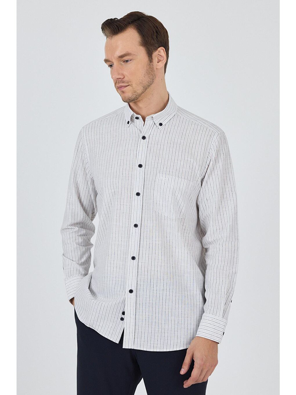 Bej Uzun Kol Çizgili Desen Bez Ayağı Düğmeli Yaka Cepli Pamuklu Casual Comfort Fit Gömlek 1004250100-2