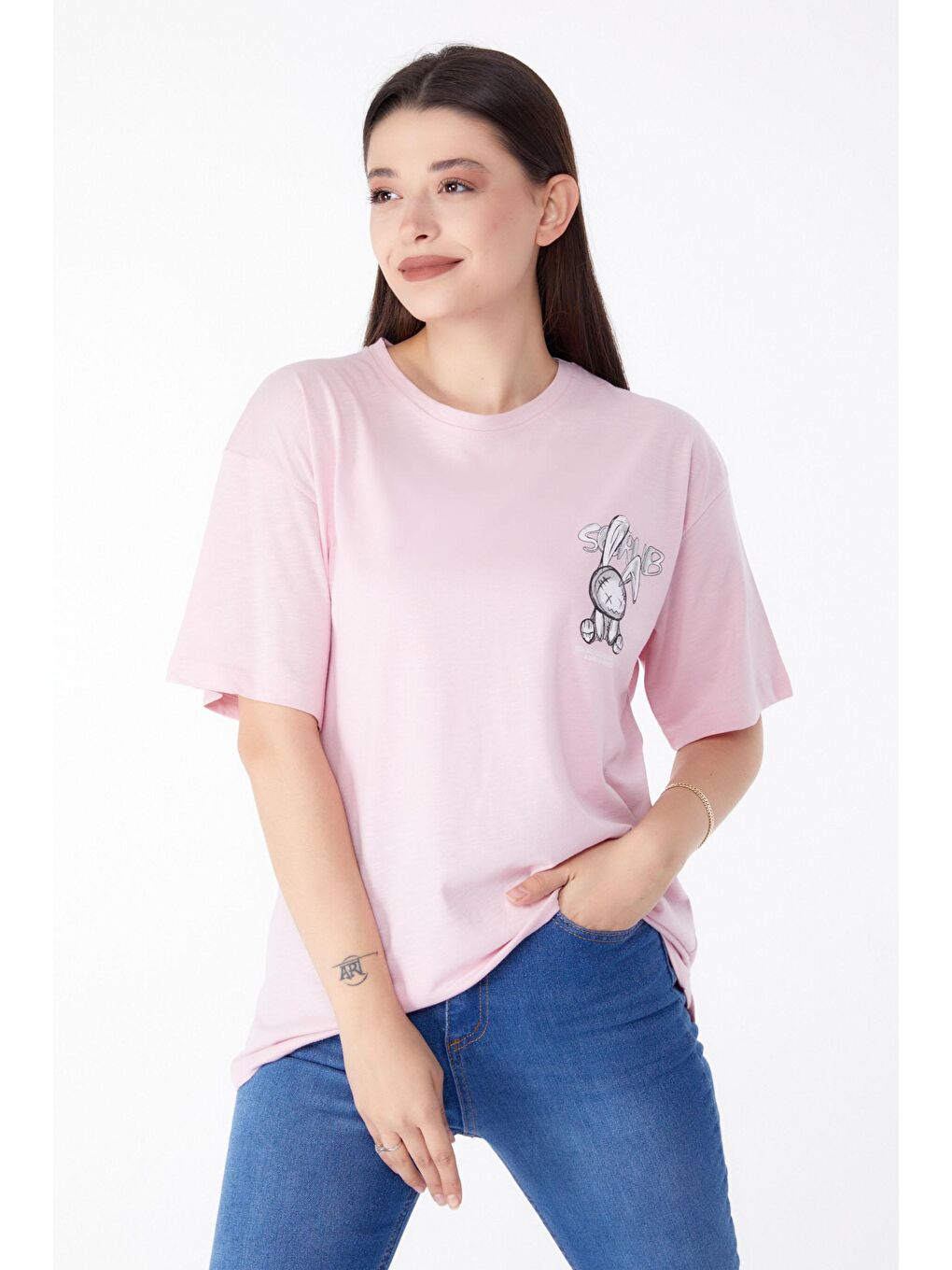 TOFİSA Pembe Düz Bisiklet Yaka Kadın Pembe Baskılı T-shirt - 25288