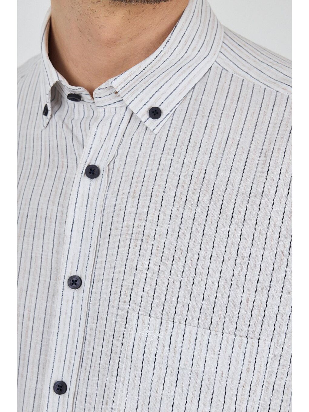 Bej Uzun Kol Çizgili Desen Bez Ayağı Düğmeli Yaka Cepli Pamuklu Casual Comfort Fit Gömlek 1004250100-3