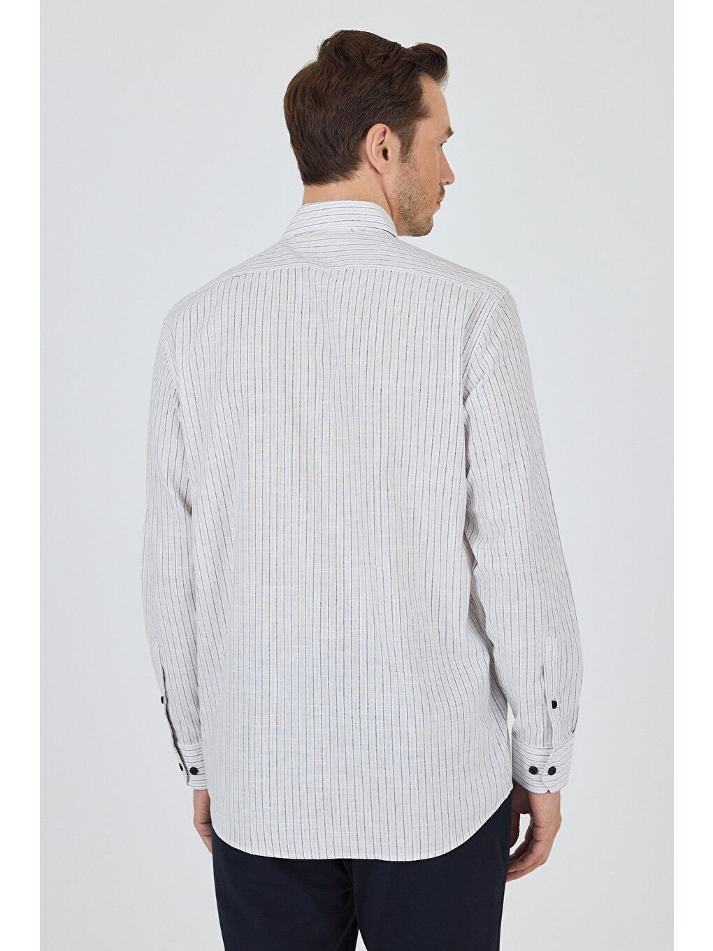 Bej Uzun Kol Çizgili Desen Bez Ayağı Düğmeli Yaka Cepli Pamuklu Casual Comfort Fit Gömlek 1004250100-4