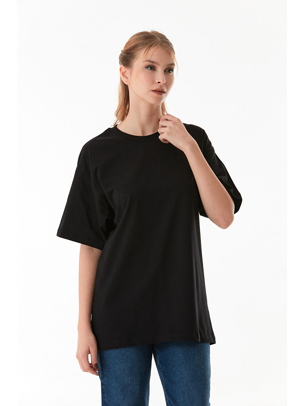 Siyah Basic Oversize Bisiklet Yaka Tişört-2