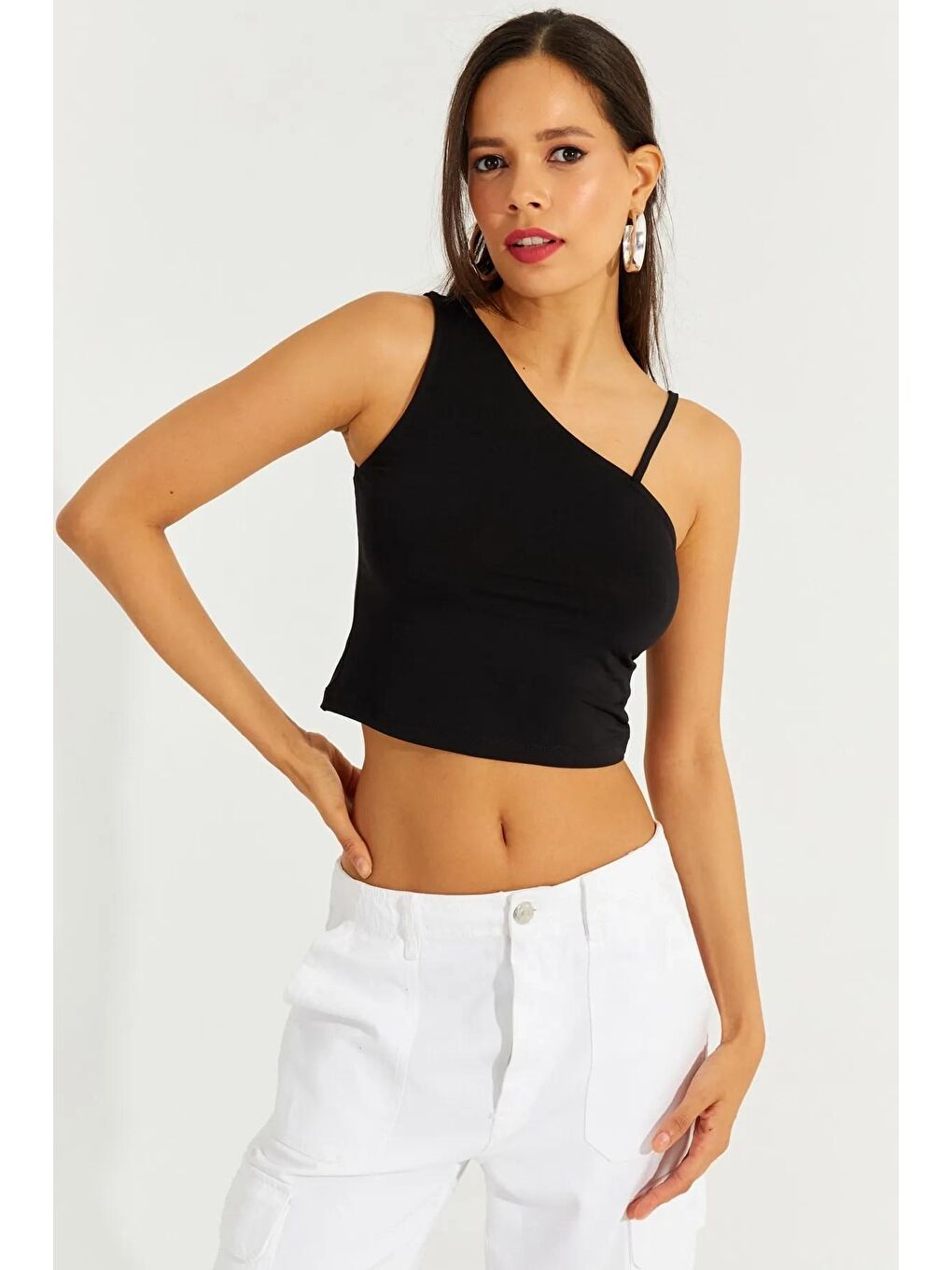 Siyah Tek Omuz Crop Bluz