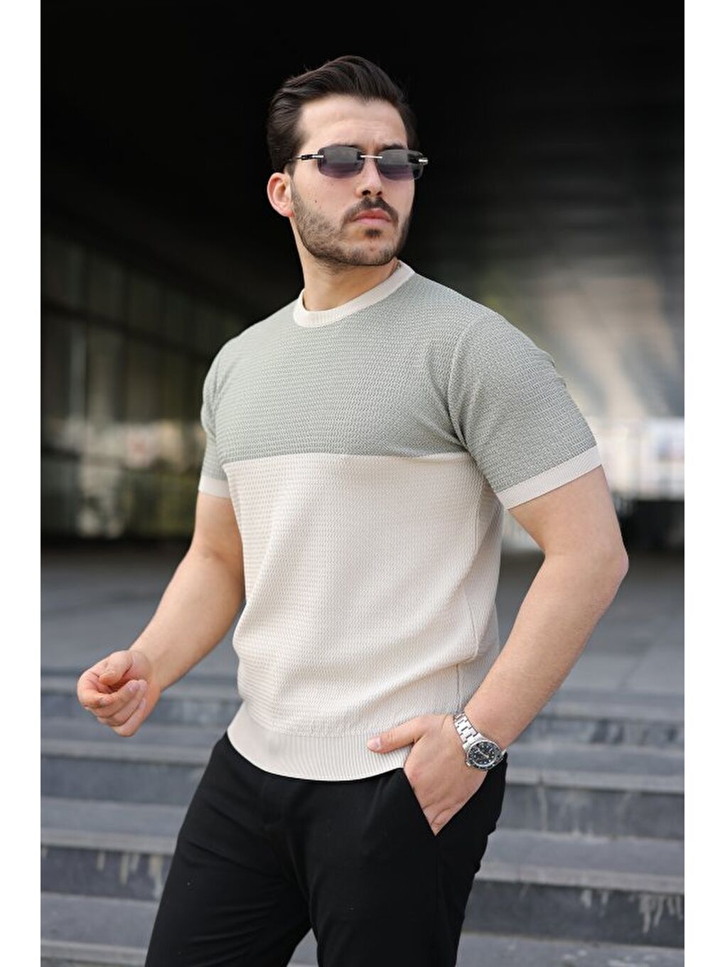 Bej Erkek Bisiklet Yaka Kısa Kollu Triko Tişört