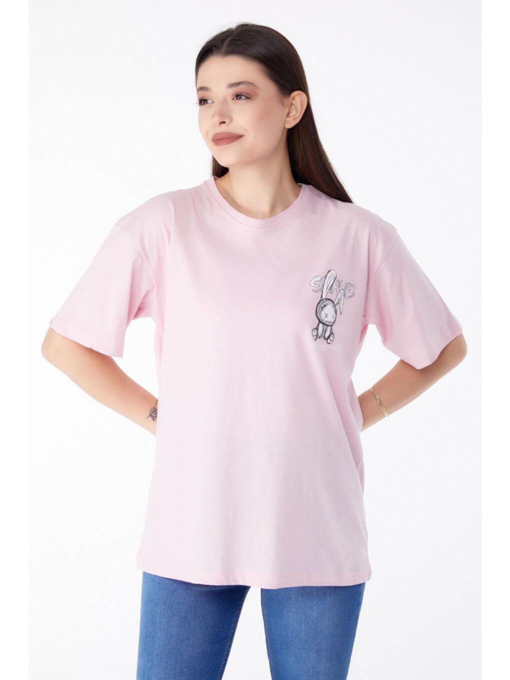 TOFİSA Pembe Düz Bisiklet Yaka Kadın Pembe Baskılı T-shirt - 25288 - 1