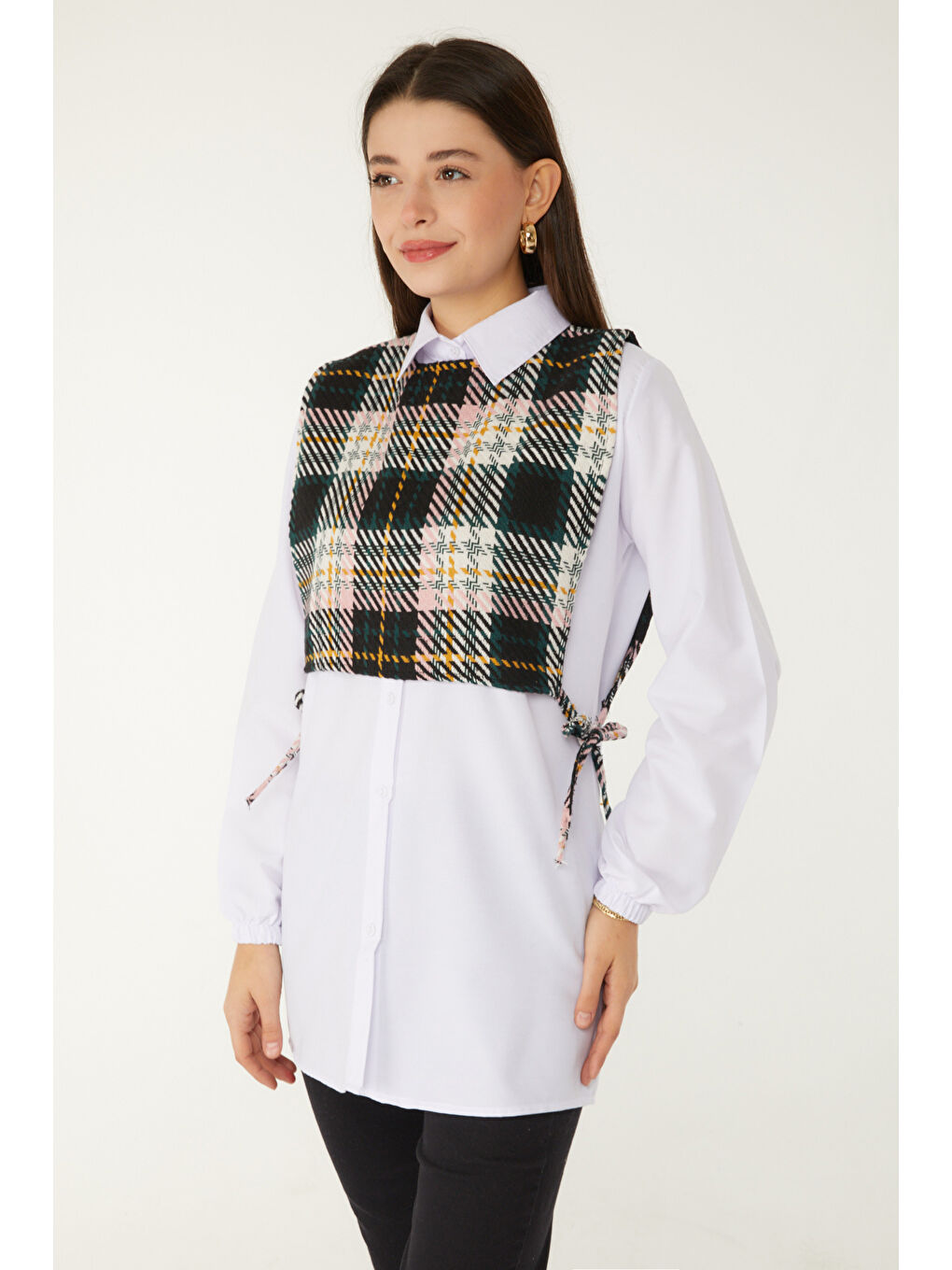 Pembe Gömlek Yaka Kadın Pudra Gömlek Süveter İkili Takım - 13347-2