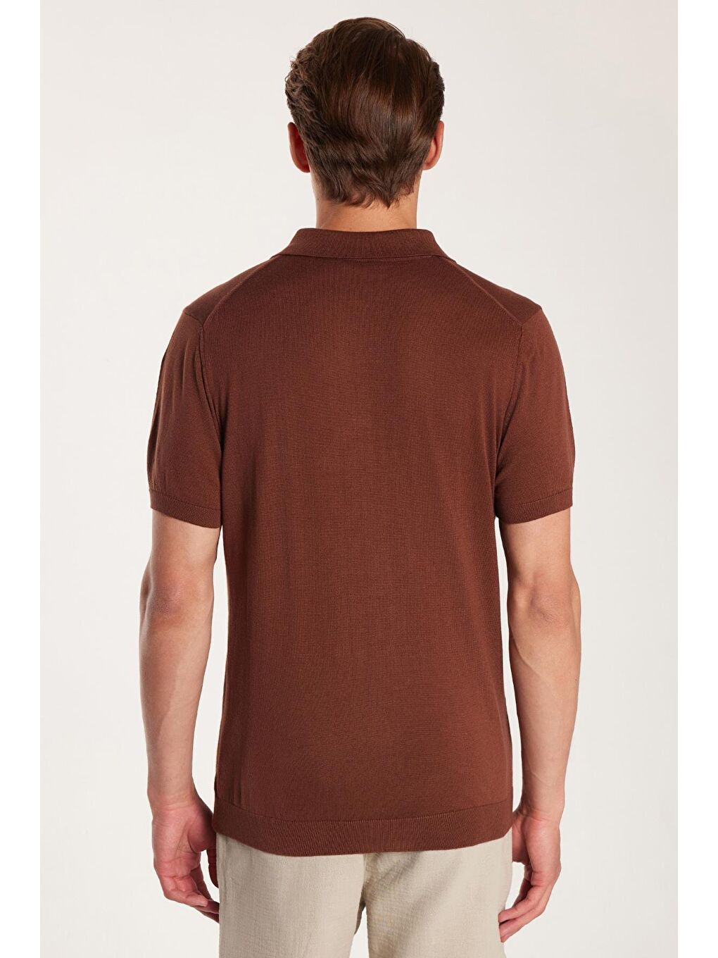 Erkek Slim Fit Dar Kesim Pamuklu Örme Triko Fermuarlı Kahverengi Polo Yaka Tişört-4