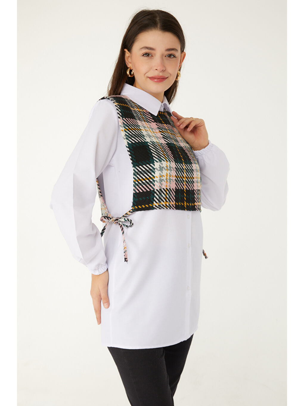 Pembe Gömlek Yaka Kadın Pudra Gömlek Süveter İkili Takım - 13347-3