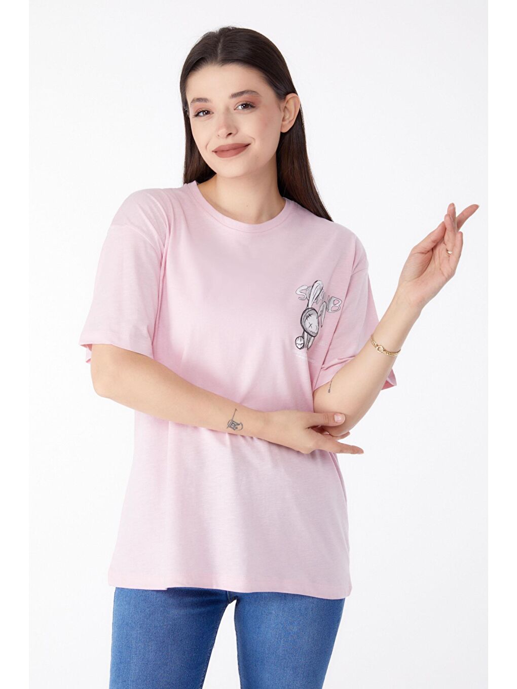 TOFİSA Pembe Düz Bisiklet Yaka Kadın Pembe Baskılı T-shirt - 25288 - 2