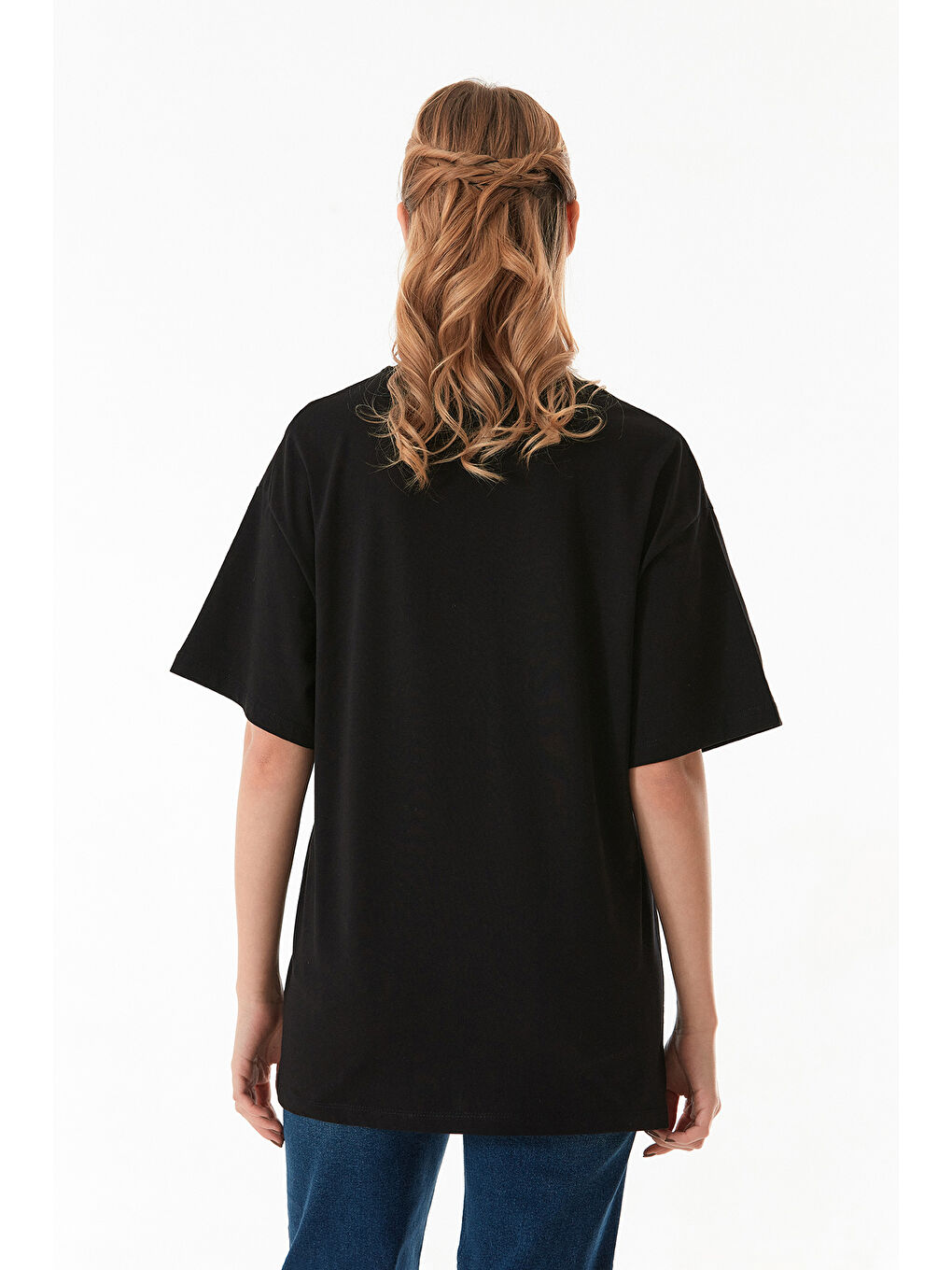 Siyah Basic Oversize Bisiklet Yaka Tişört-4