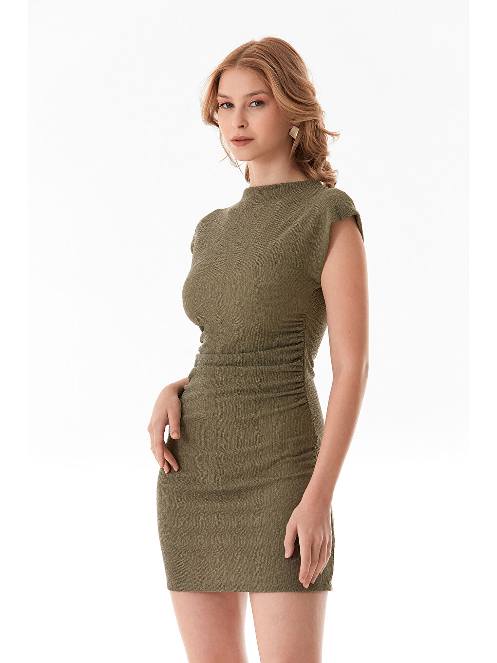 Haki Bürümcük Kumaş Drapeli Dik Yaka Elbise-1