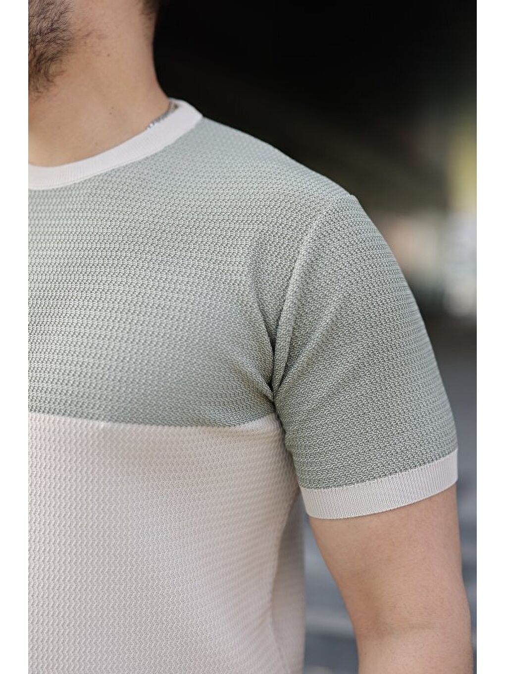 Bej Erkek Bisiklet Yaka Kısa Kollu Triko Tişört-2