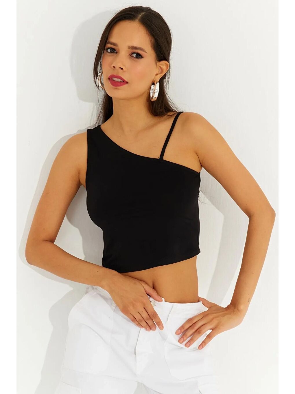 Siyah Tek Omuz Crop Bluz-1