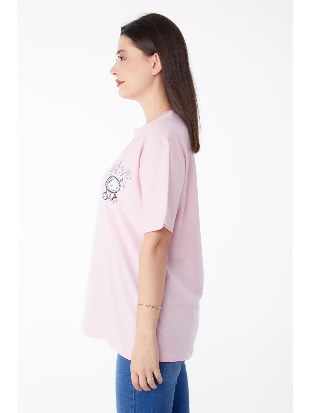 TOFİSA Pembe Düz Bisiklet Yaka Kadın Pembe Baskılı T-shirt - 25288 - 3