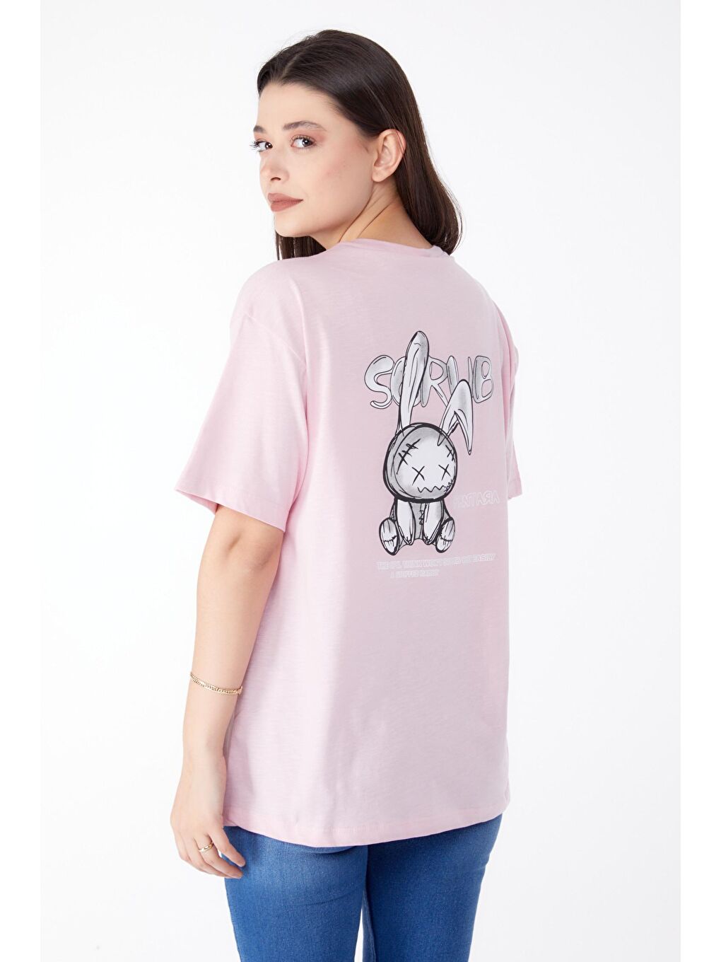 TOFİSA Pembe Düz Bisiklet Yaka Kadın Pembe Baskılı T-shirt - 25288 - 4