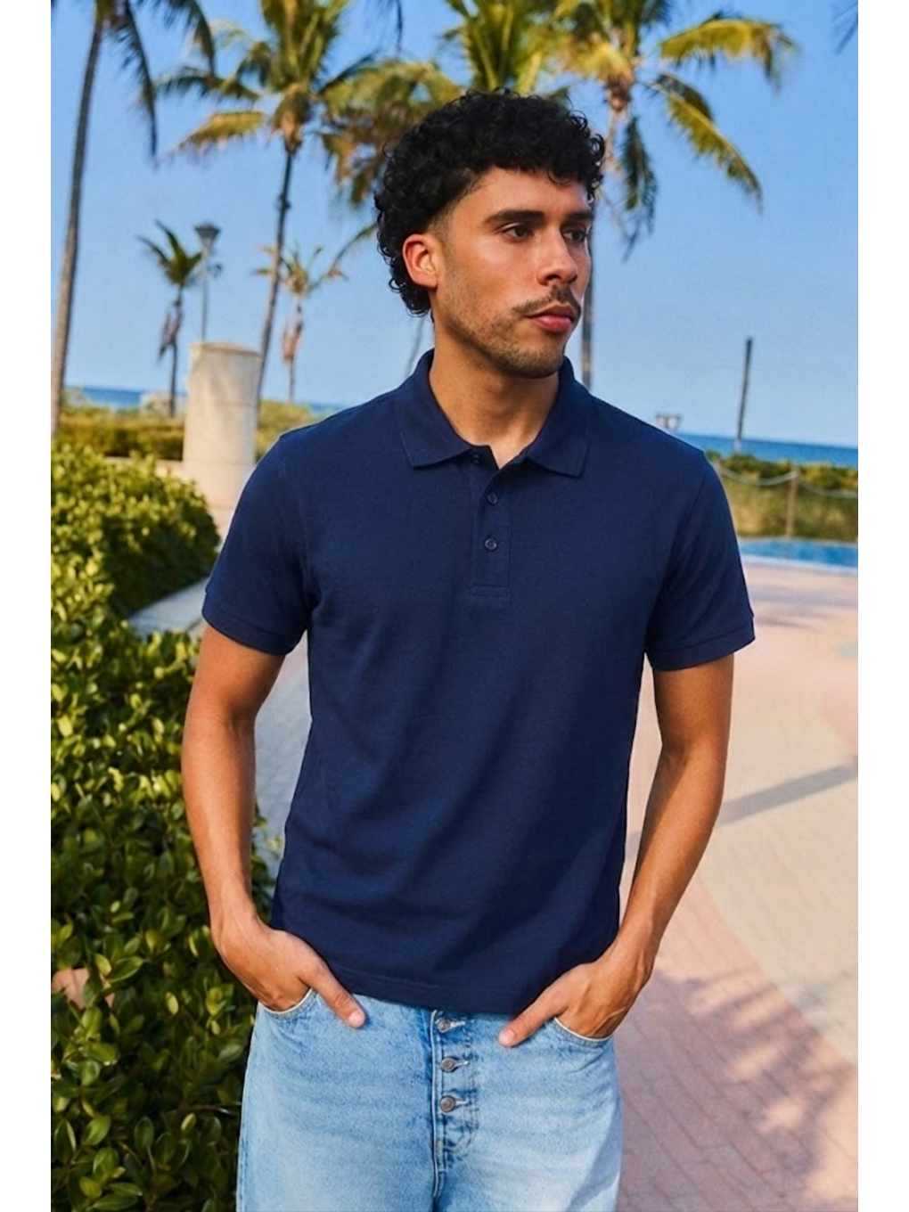 Erkek Kısa Kol Lacivert Bol Polo Yaka Tişört