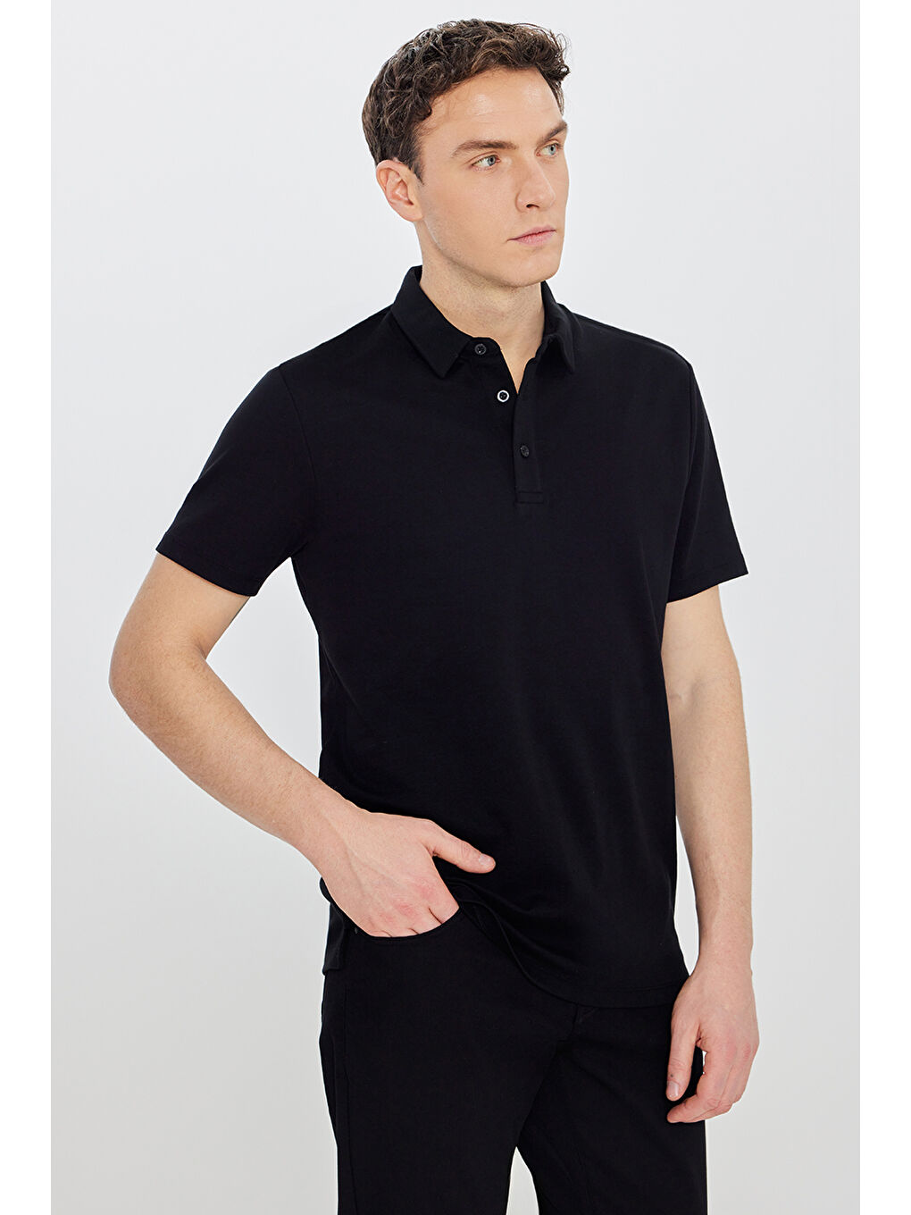 Erkek Siyah %100 Pamuk Slim Fit Dar Kesim Polo Yaka Tişört