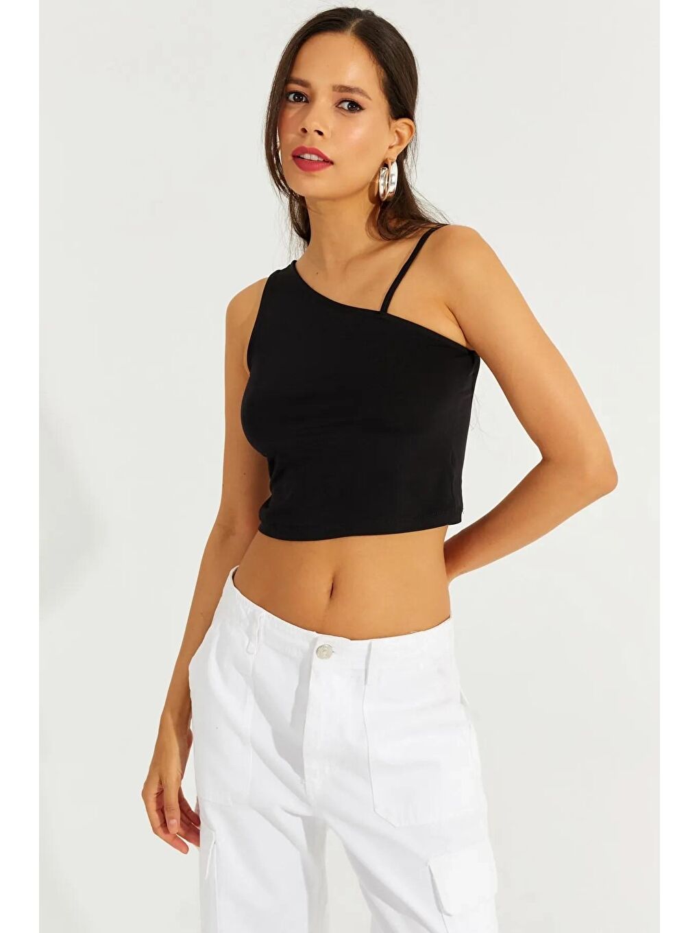 Siyah Tek Omuz Crop Bluz-2