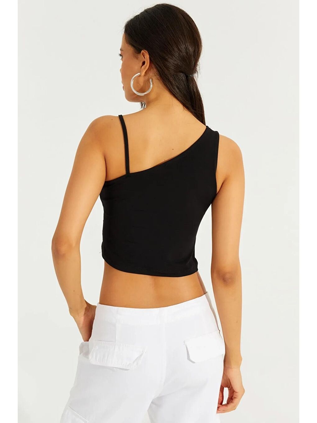 Siyah Tek Omuz Crop Bluz-3