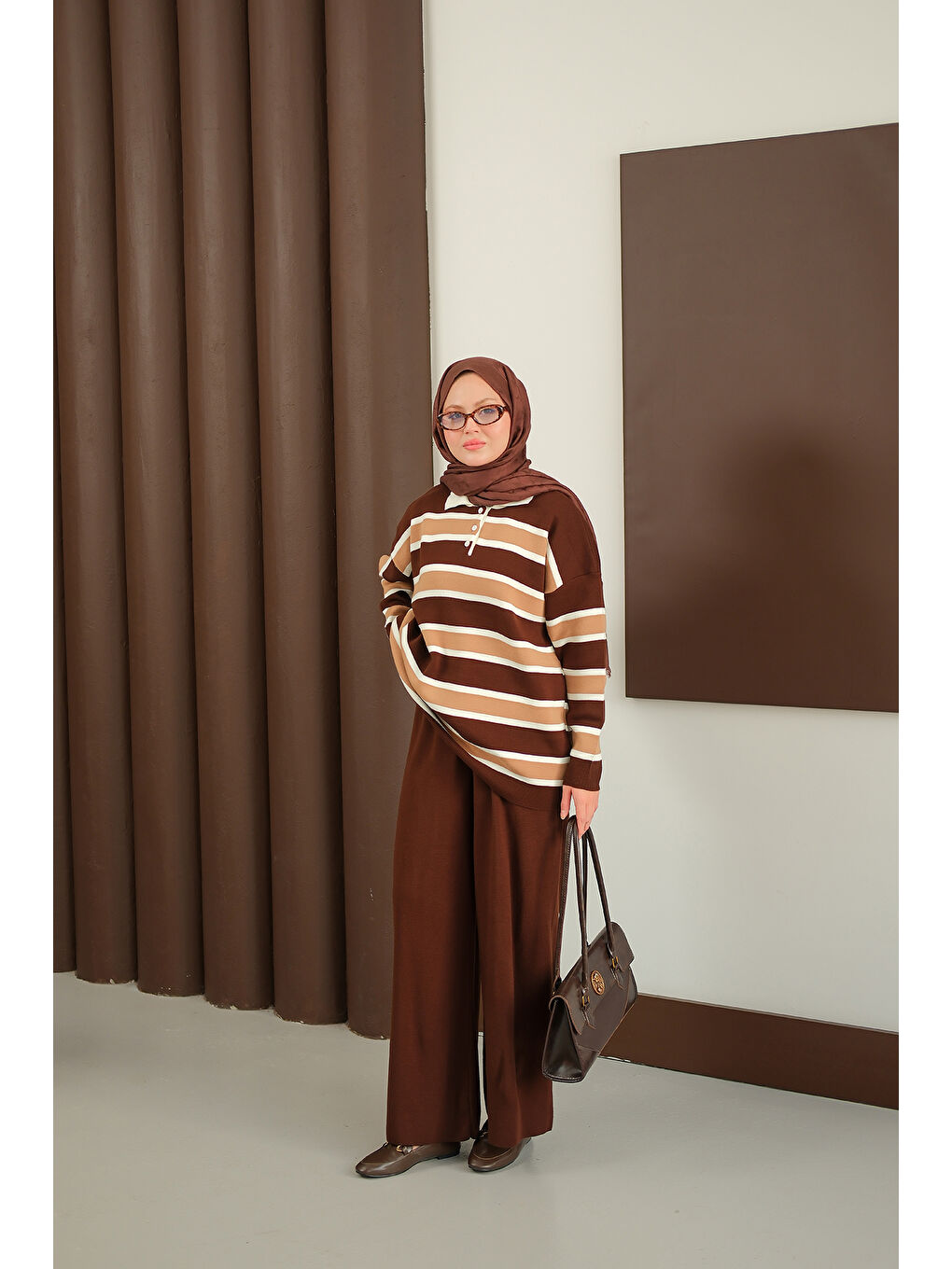 Kadın Çizgi Düğme Detay Takım Kahverengi-2