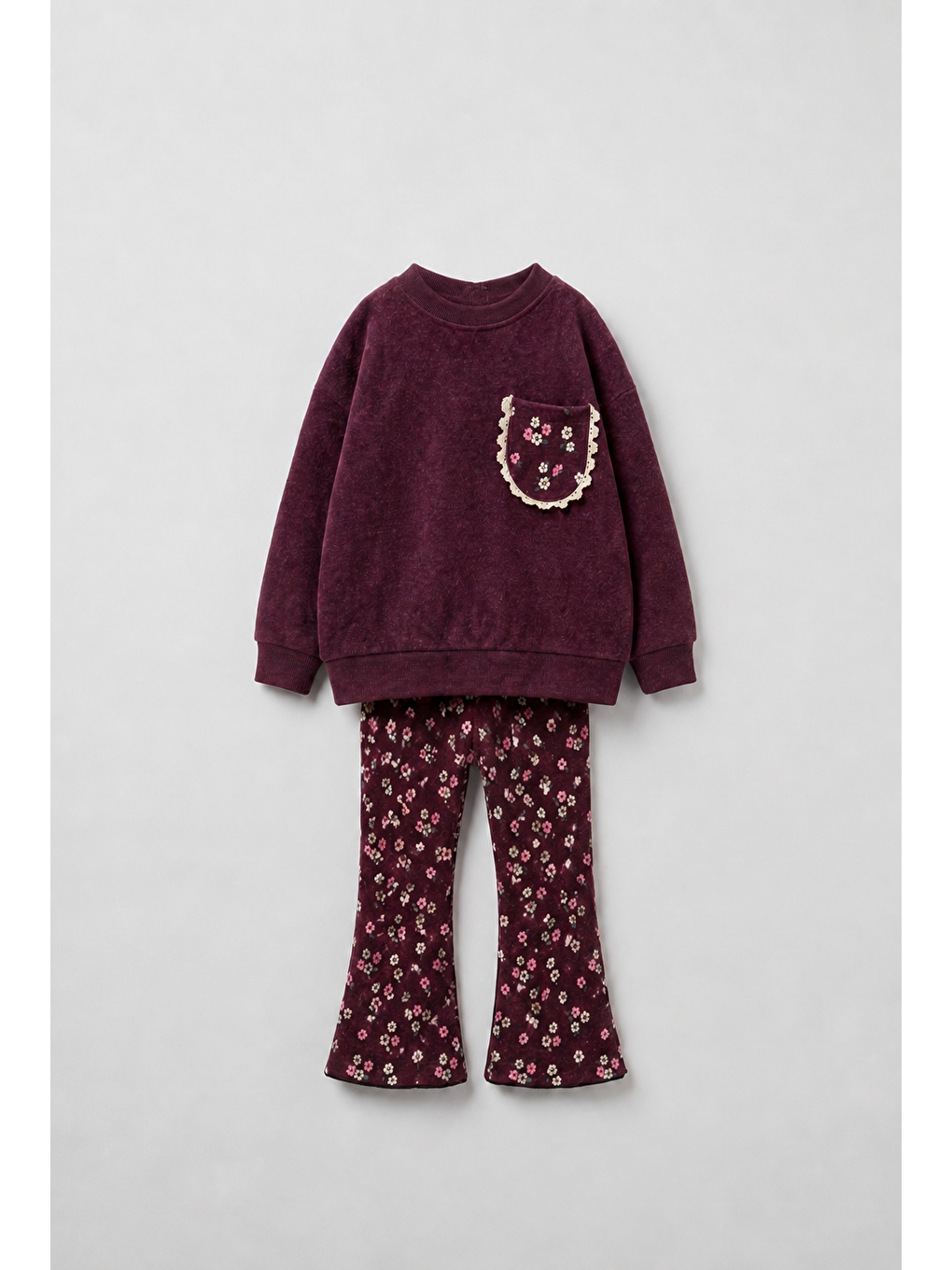 Kız Çocuk Çiçek Desenli Bordo Sweatshirt Ve İspanyol Paça Tayt Takımı