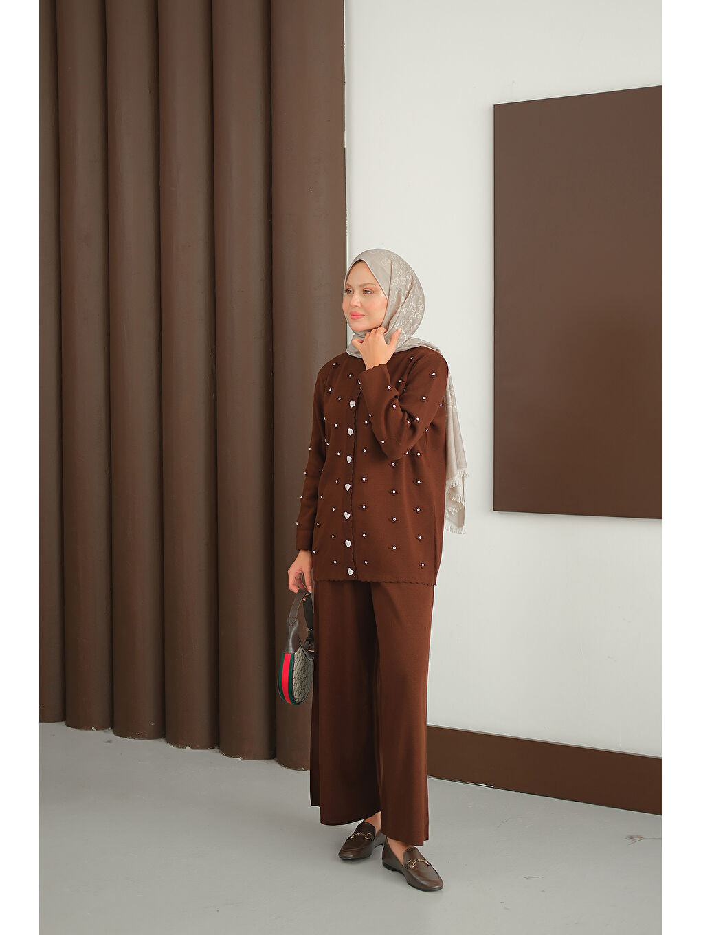 Kadın Kalp Düğme Detay Triko Takım Kahverengi-1