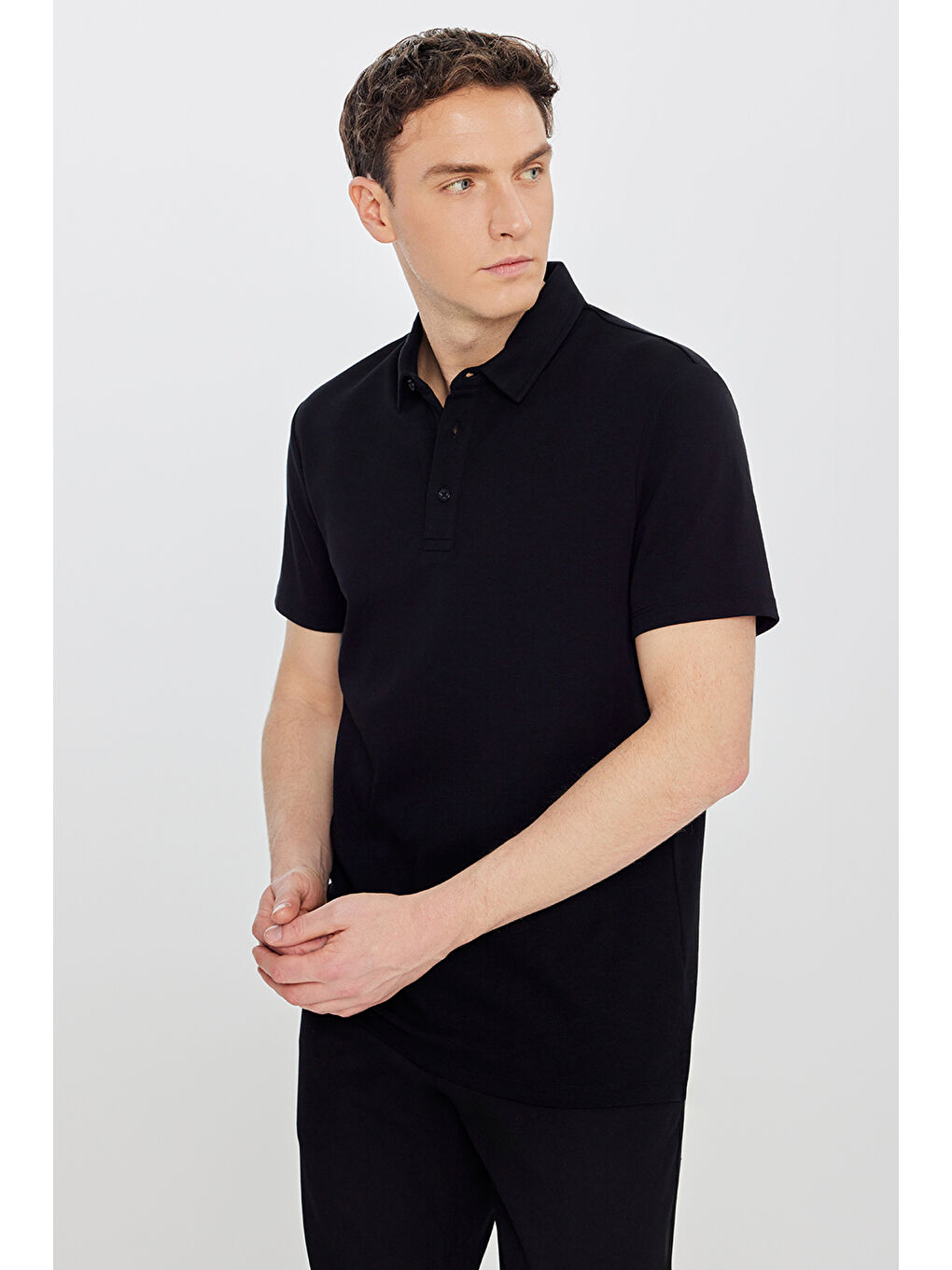 Erkek Siyah %100 Pamuk Slim Fit Dar Kesim Polo Yaka Tişört-2