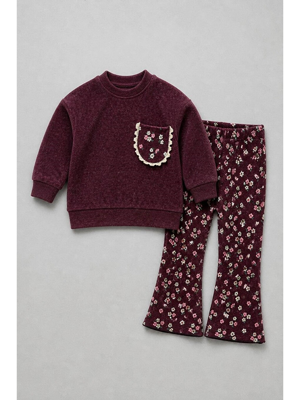 Kız Çocuk Çiçek Desenli Bordo Sweatshirt Ve İspanyol Paça Tayt Takımı-1