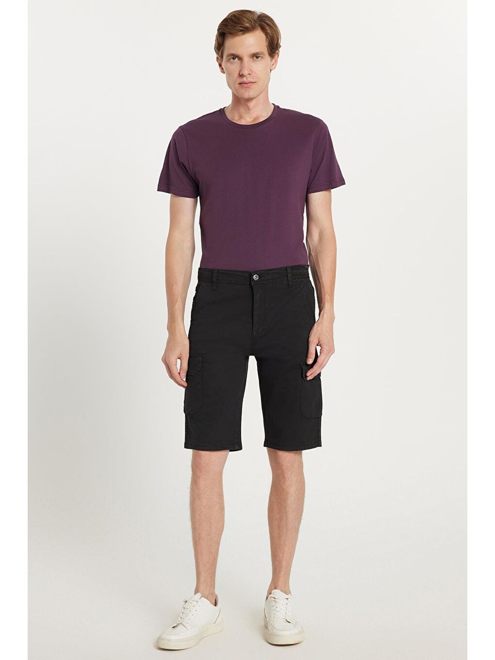 Erkek Relax Fit Rahat Kesim %100 Pamuk Kargo Cep Siyah Kapri Şort-3