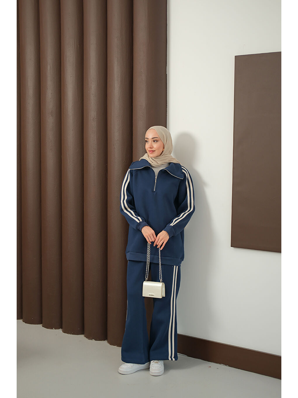 Kadın Yanları Şerit Detay Takım Lacivert-1