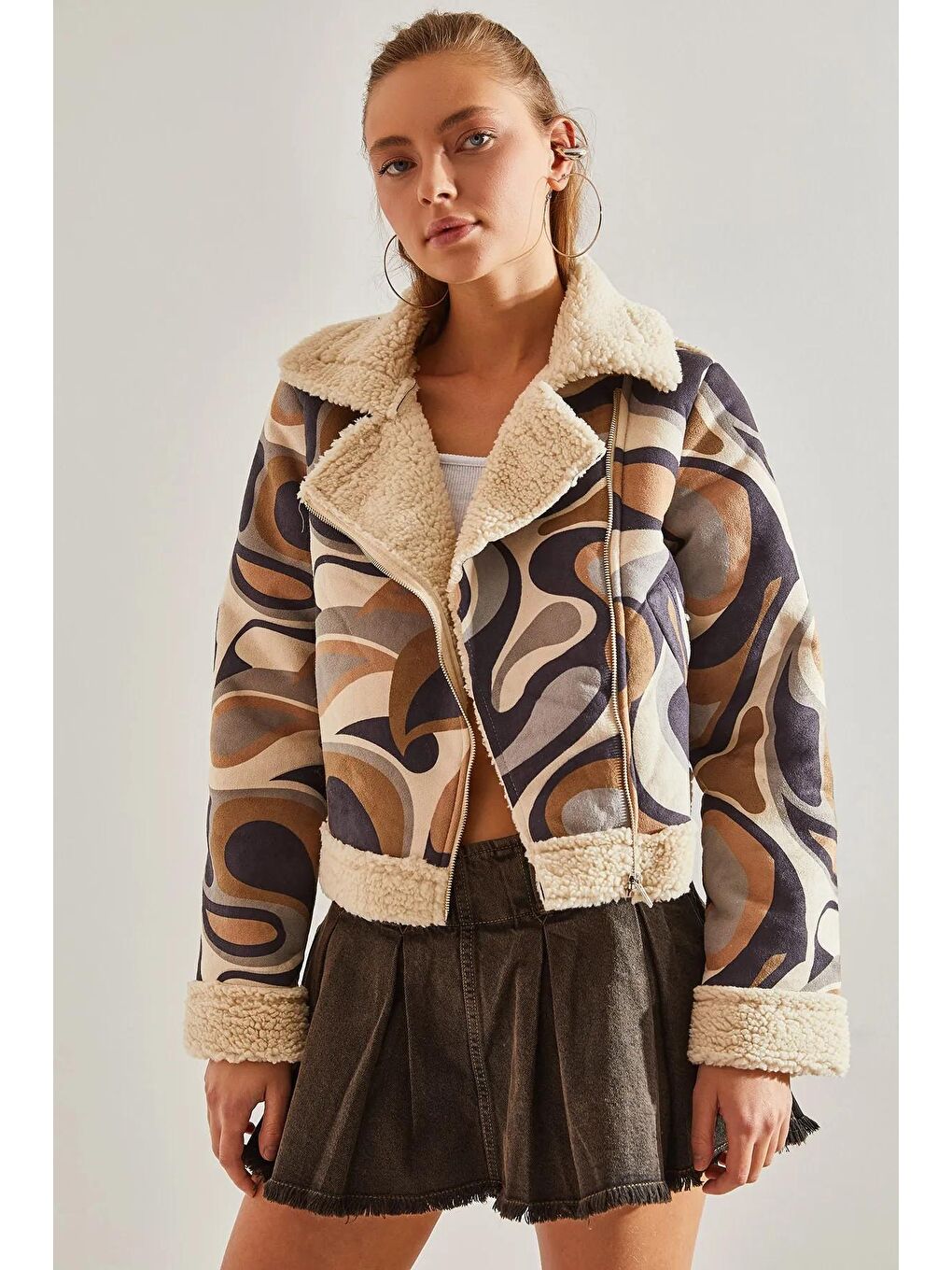 Karışık Kadın İçi Peluşlu Multi Desenli Mont-1