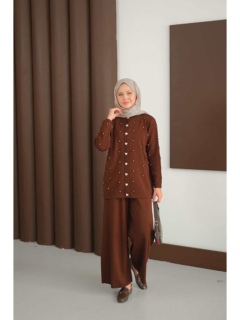 Kadın Kalp Düğme Detay Triko Takım Kahverengi-2