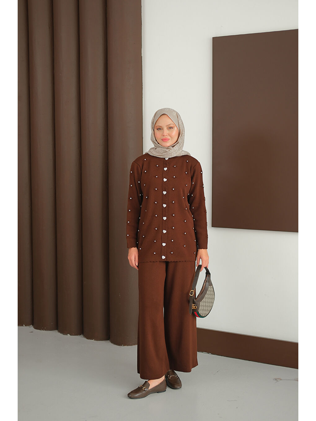 Kadın Kalp Düğme Detay Triko Takım Kahverengi-3