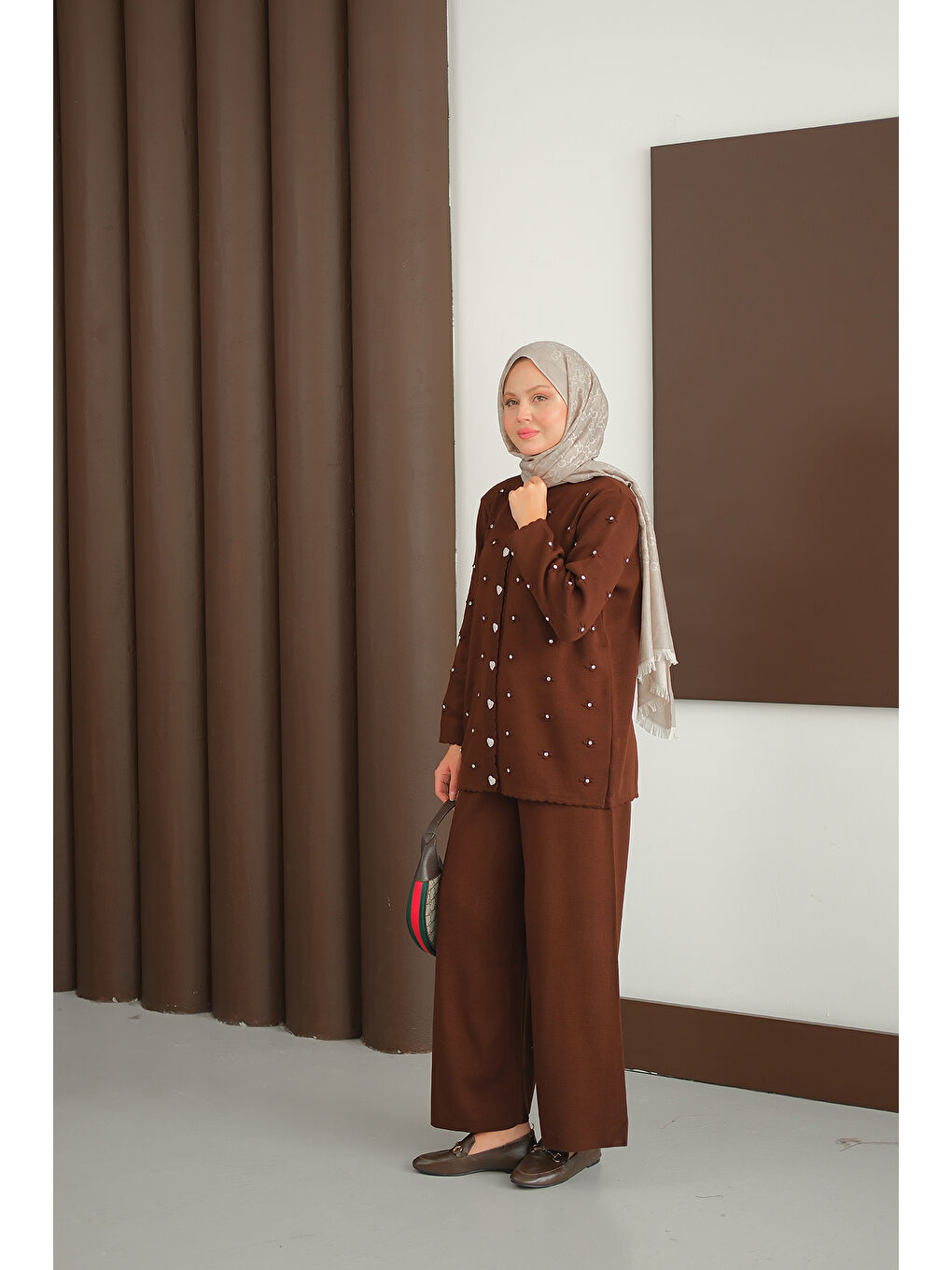 Kadın Kalp Düğme Detay Triko Takım Kahverengi-4
