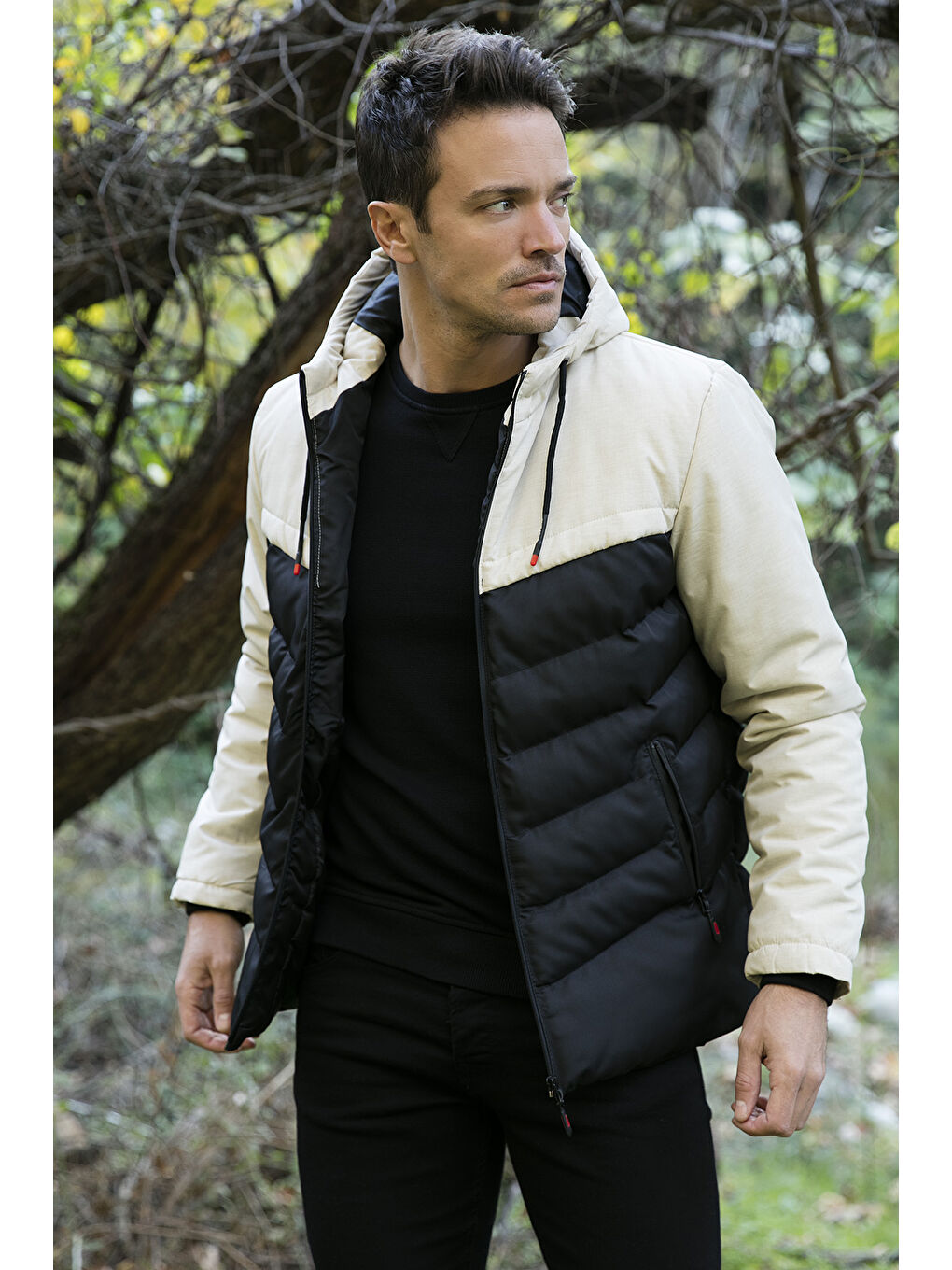 Bej Slim Fit Kapüşonlu Cepli   100 Pamuk Erkek Şişme Mont 5712070