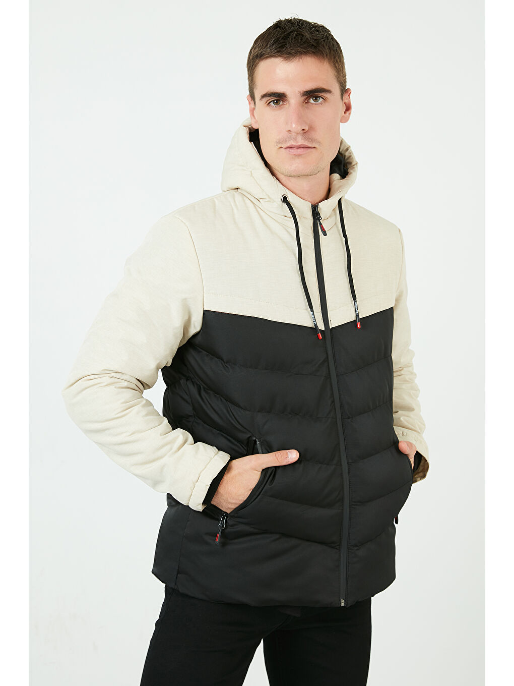 Bej Slim Fit Kapüşonlu Cepli   100 Pamuk Erkek Şişme Mont 5712070-3