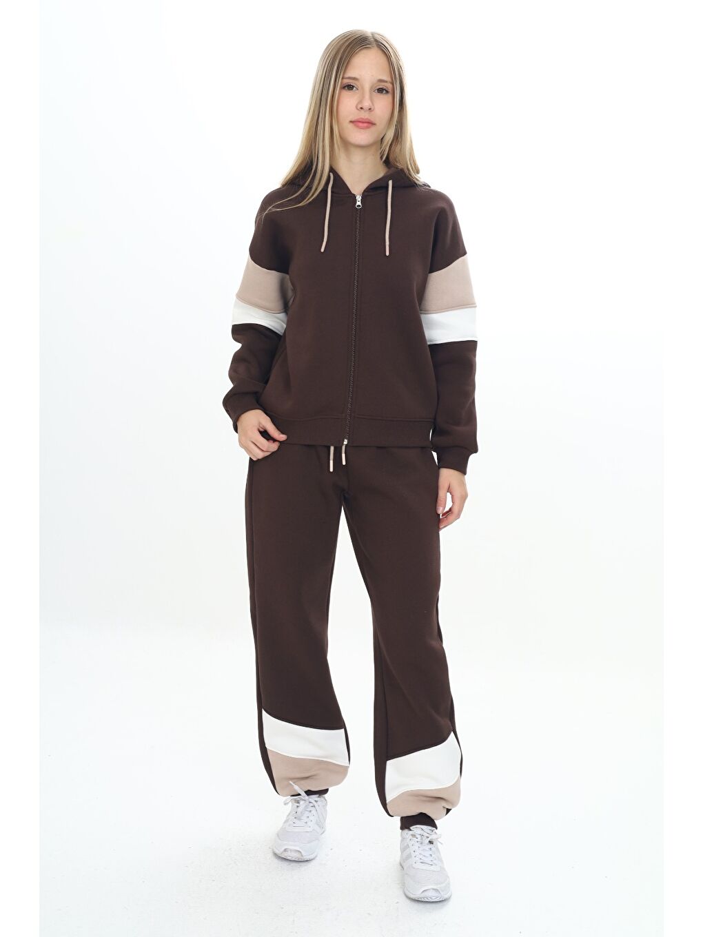 Kahverengi Kız Çocuk Kapüşonlu Fermuarlı Garni Detaylı Eşofman Takım